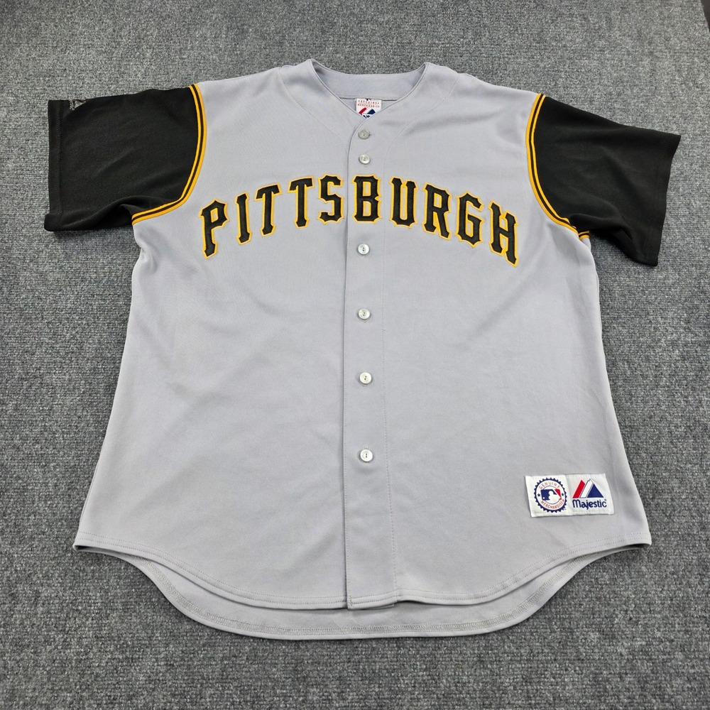 Vintage Majestic Pittsburgh Pirates Baseball Jersey Mens XL Gray Black Button Up